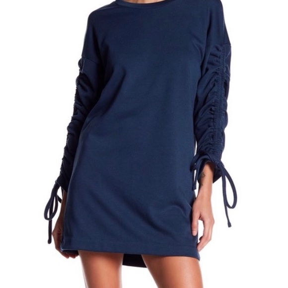 Lush Blue Ruched Drawstring Long Sleeve Mini Dress Size Large - Picture 2 of 11